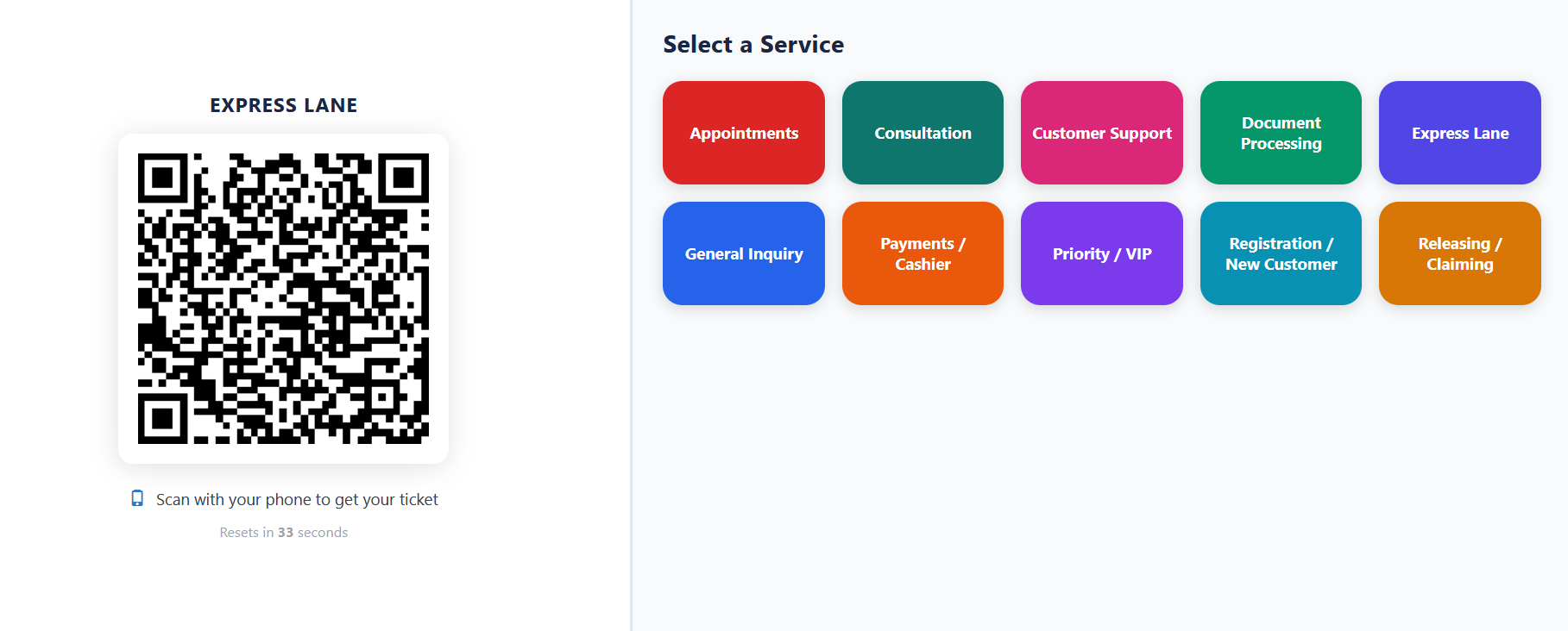 WaitlessFlow customer kiosk - QR code join and service selection
