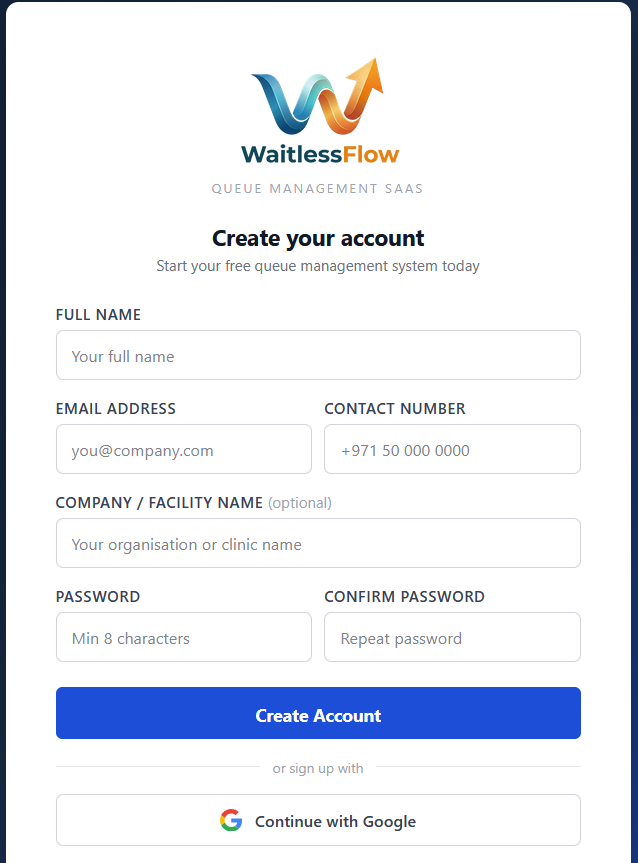 WaitlessFlow sign up â€” create your account form