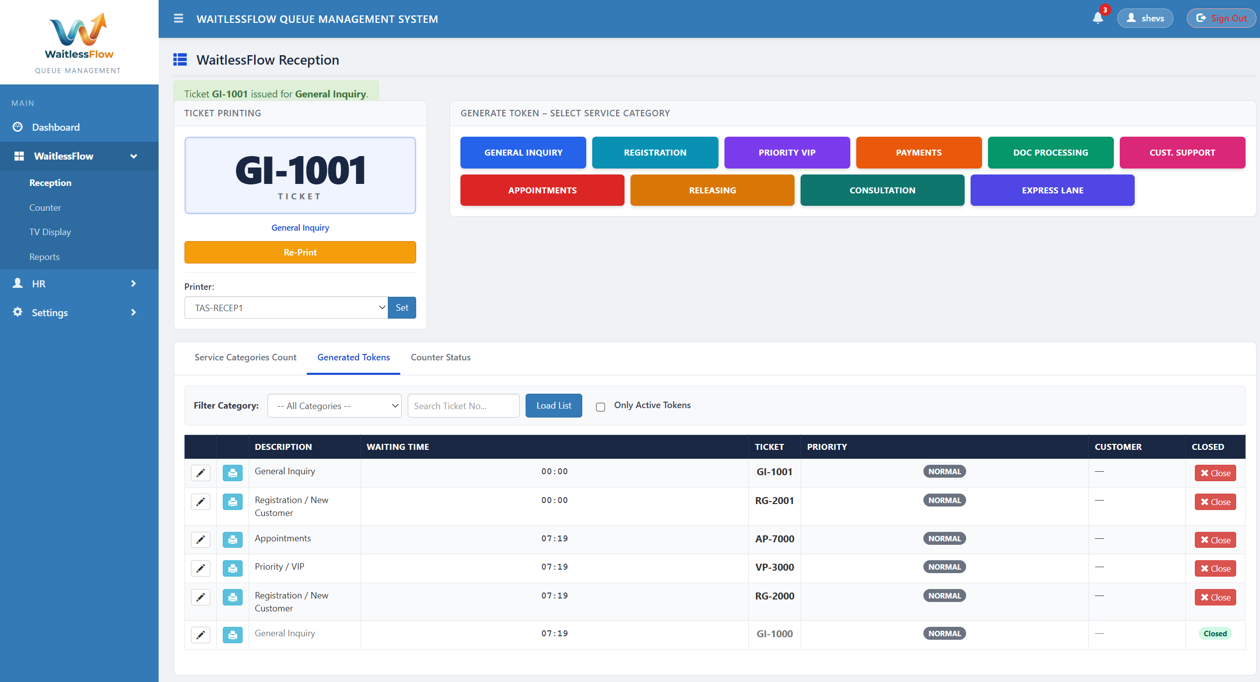 WaitlessFlow reception dashboard - generate tokens by service category
