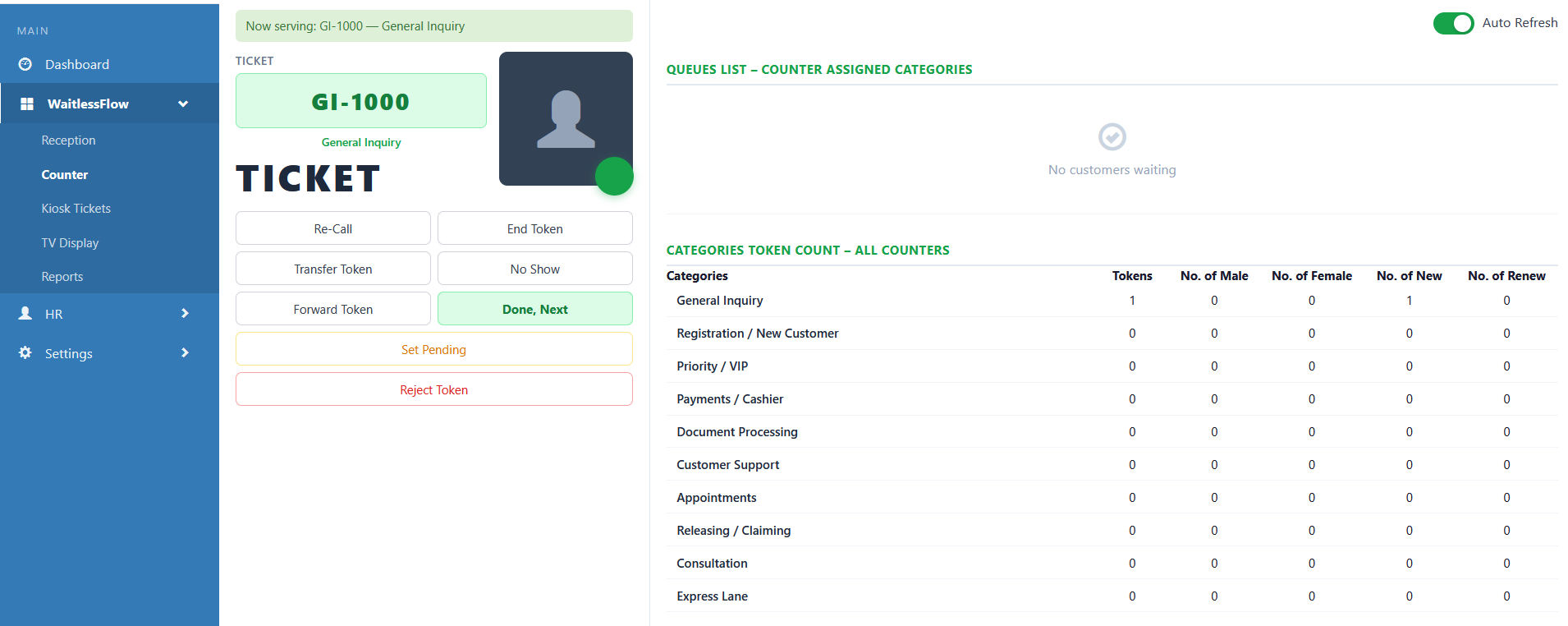 WaitlessFlow counter workstation - call next customer and manage queue